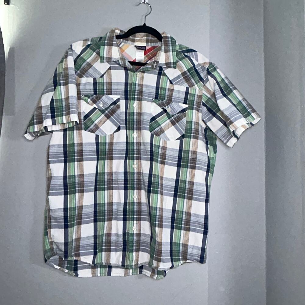 Patagonia Green/Blue/Brown Plaid SS Button Up, Sz L, 100% Organic Cotton